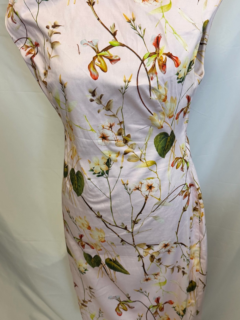 Zara Woman Pink Floral Dress with Green and Brown Accents